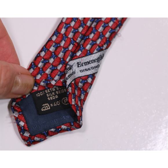 Ermenegildo Zegna Red Blue Gray Geometric Print Silk Necktie Tie - Picture 7 of 8